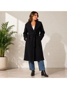 Feathers Wool Coat Women XL Black Belted Wrap Coat Minimalist Australia Designer